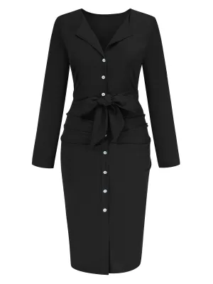 1960s Solid V-Neck Pleated Button Dress