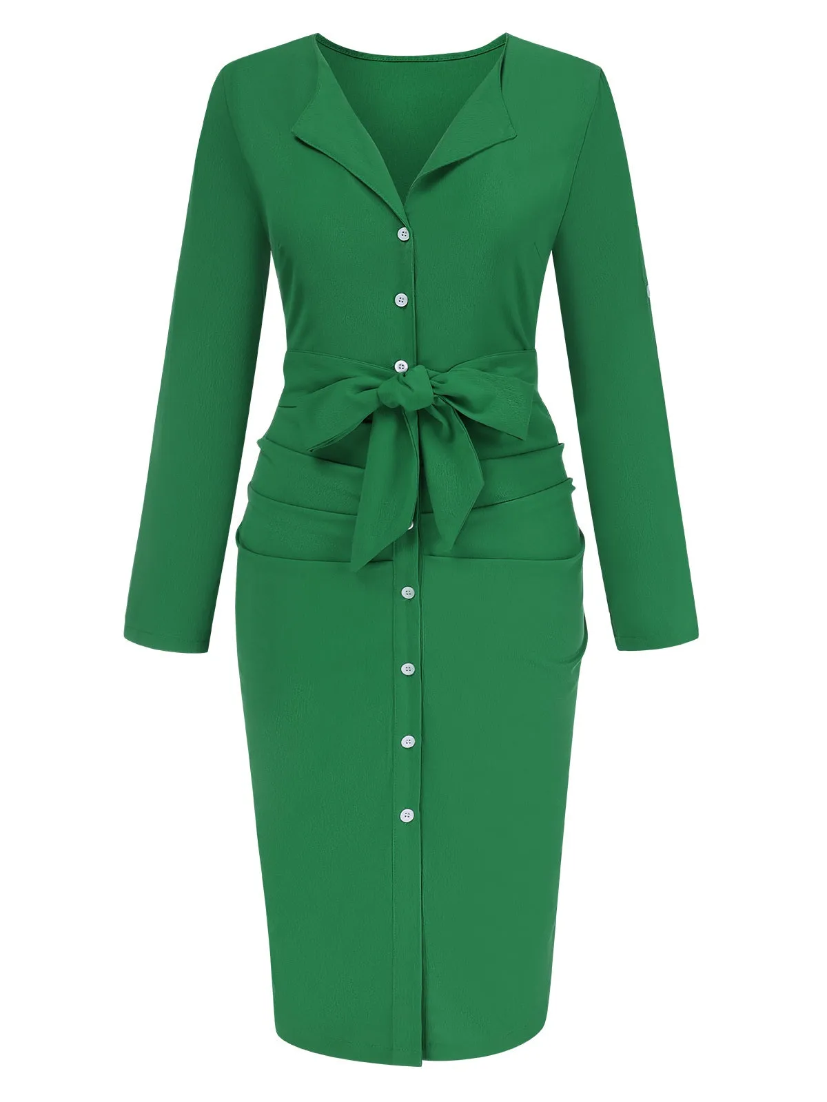 1960s Solid V-Neck Pleated Button Dress
