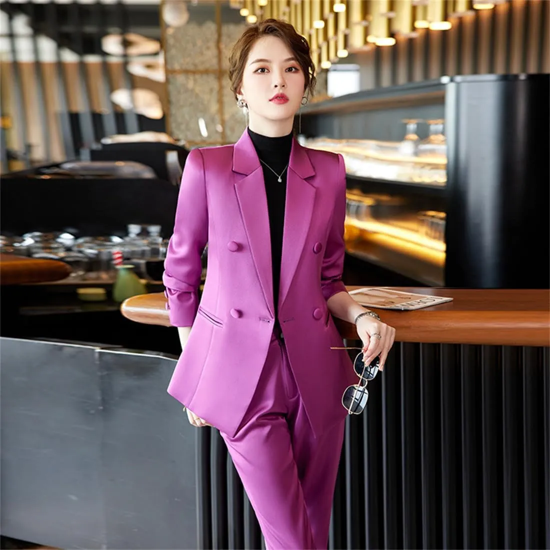 2 Piece Sets for Women Outifits Elegant Double Breasted Blazer Solid Casual Business Pant Suits