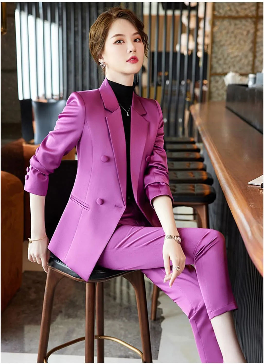 2 Piece Sets for Women Outifits Elegant Double Breasted Blazer Solid Casual Business Pant Suits