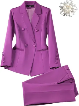 2 Piece Sets for Women Outifits Elegant Double Breasted Blazer Solid Casual Business Pant Suits