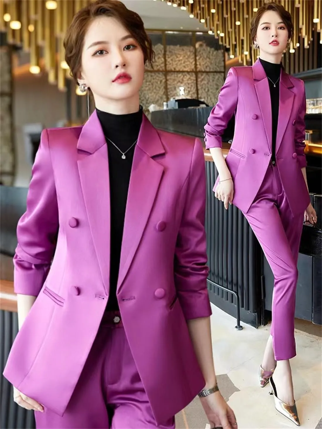 2 Piece Sets for Women Outifits Elegant Double Breasted Blazer Solid Casual Business Pant Suits