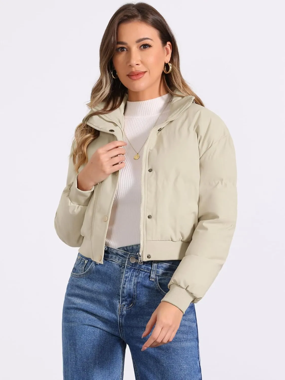 Allegra K Women's Winter Bomber Jacket Outwear Baggy Padded Cropped Lightweight Coats