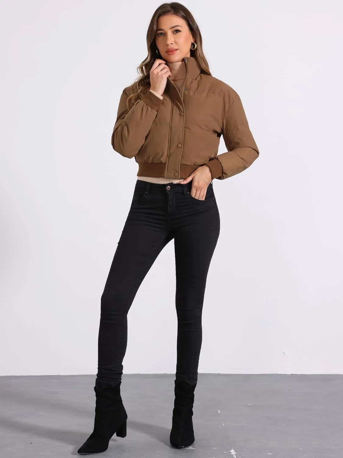 Allegra K Women's Winter Bomber Jacket Outwear Baggy Padded Cropped Lightweight Coats