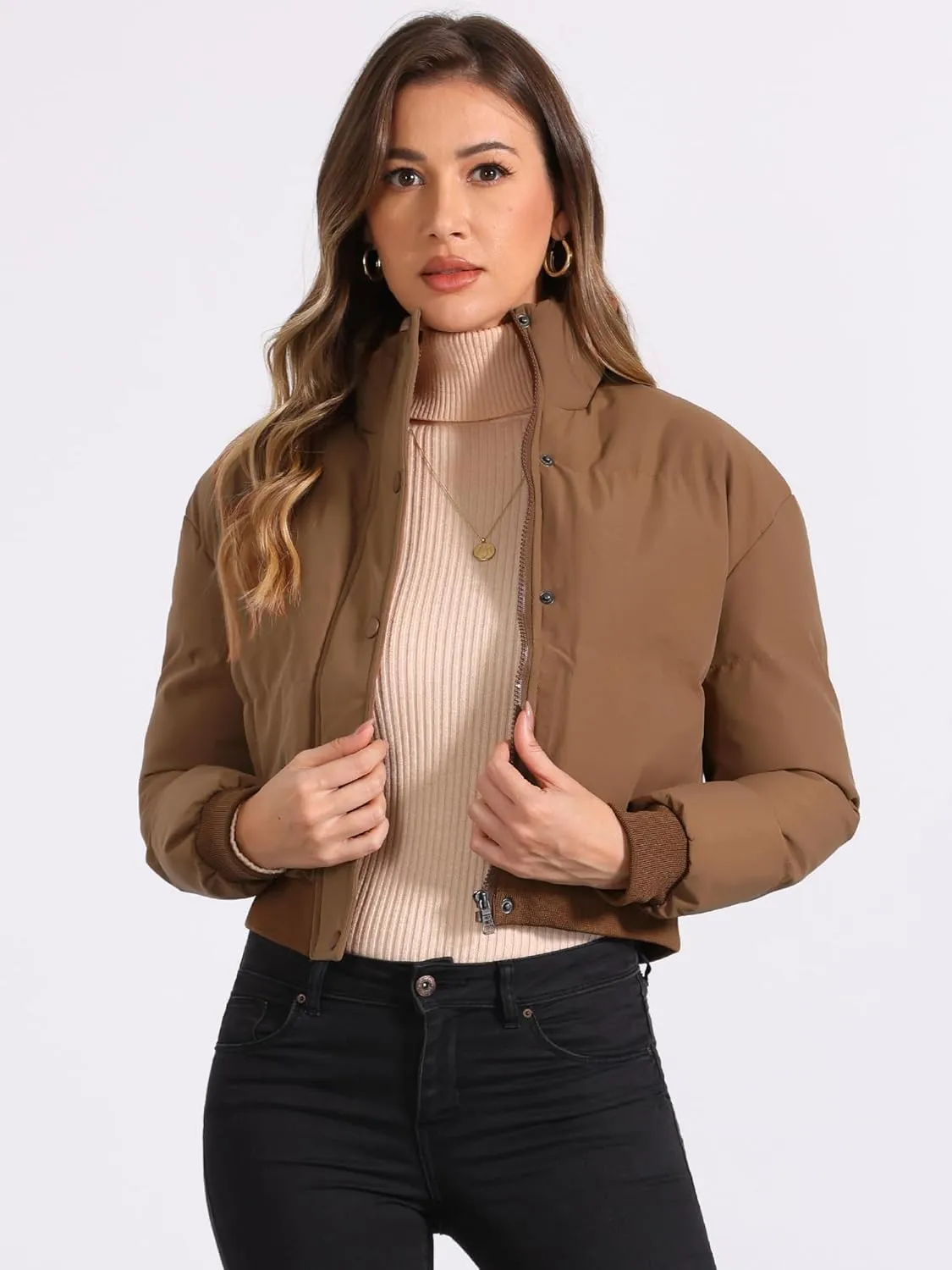 Allegra K Women's Winter Bomber Jacket Outwear Baggy Padded Cropped Lightweight Coats