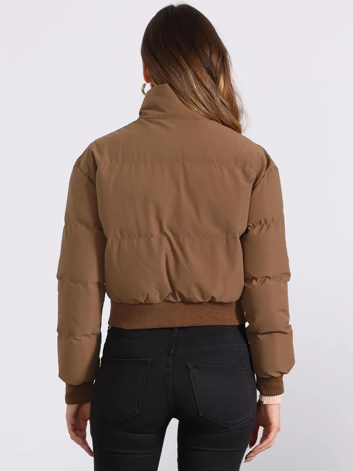 Allegra K Women's Winter Bomber Jacket Outwear Baggy Padded Cropped Lightweight Coats