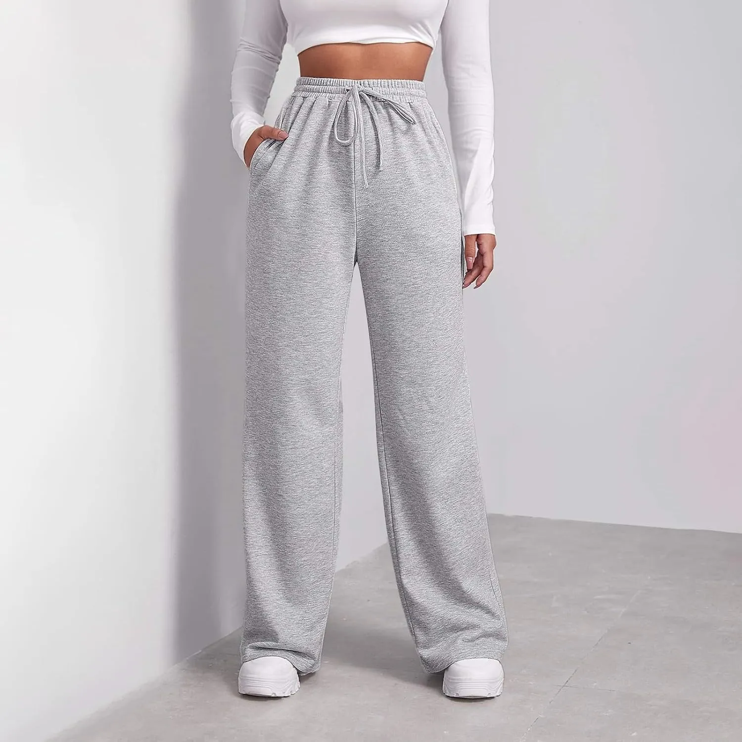 Baggy Wide Leg Sweatpants for Women Fleece High Waist Joggers with Pockets Lightweight Comfy Drawstring Sweat Pants
