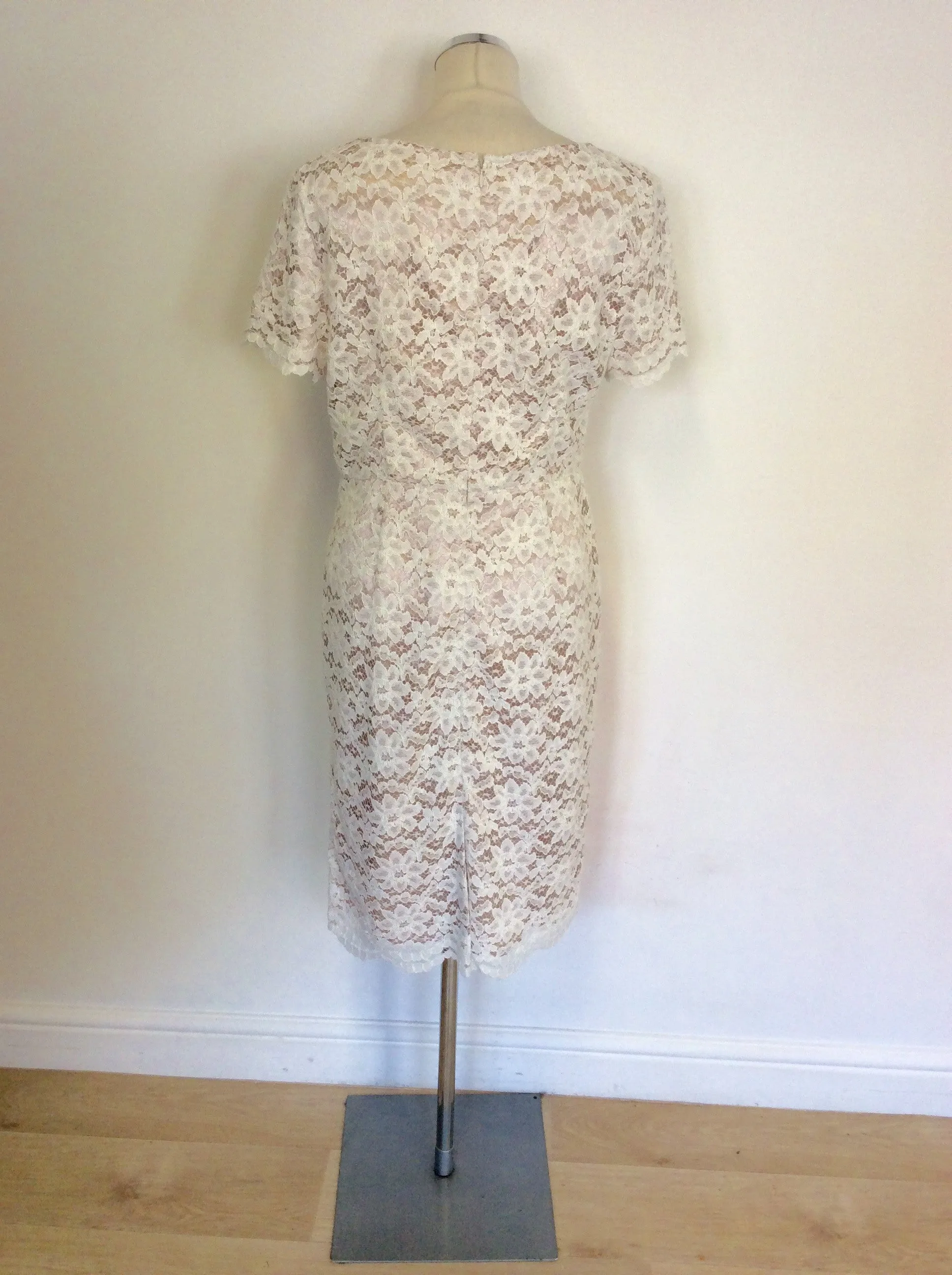 BEIGE & WHITE LACE SHORT SLEEVE PENCIL DRESS SIZE 14