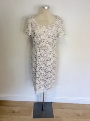 BEIGE & WHITE LACE SHORT SLEEVE PENCIL DRESS SIZE 14