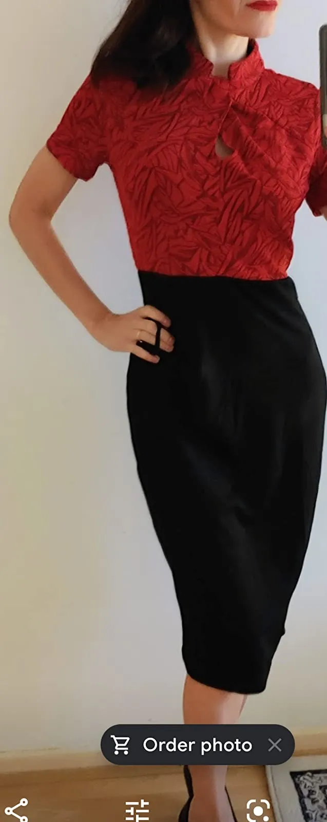 Black Plus Long Sleeve Women's Vintage Stand Collar Short Sleeve Bodycon Business Pencil Dress - HOMEYEE
