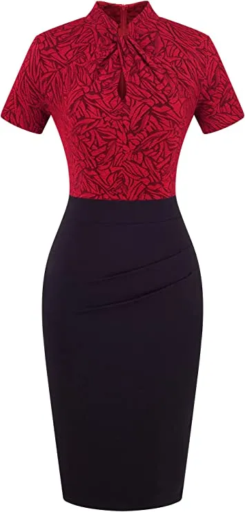 Black Plus Long Sleeve Women's Vintage Stand Collar Short Sleeve Bodycon Business Pencil Dress - HOMEYEE