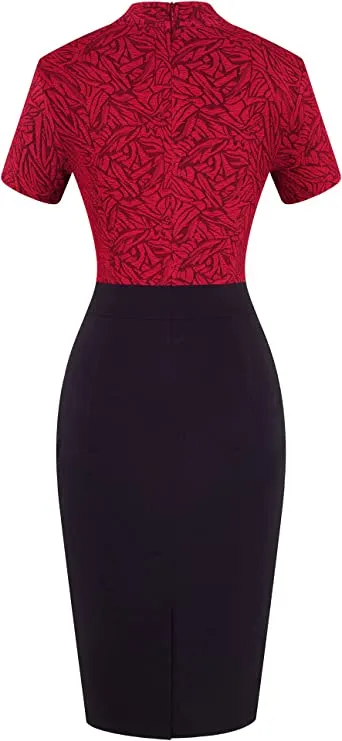 Black Plus Long Sleeve Women's Vintage Stand Collar Short Sleeve Bodycon Business Pencil Dress - HOMEYEE