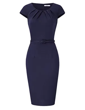 Blue Short Sleeve Women's Work Dress V-Neck Business Dress Slim Bodycon Pencil Dress - KOJOOIN