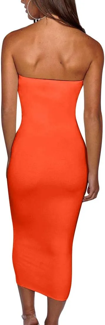 BORIFLORS Women's Basic Sleeveless Tube Top Sexy Strapless Bodycon Midi Club Dress