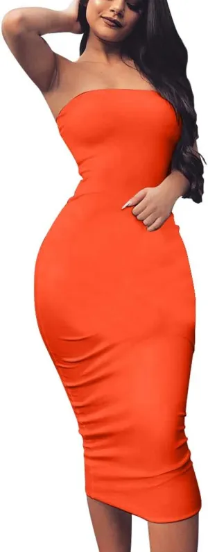BORIFLORS Women's Basic Sleeveless Tube Top Sexy Strapless Bodycon Midi Club Dress