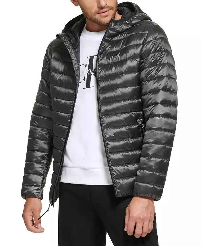 Calvin Klein Mens Packable Down Hooded Puffer Jacket Coat Granite Grey XS