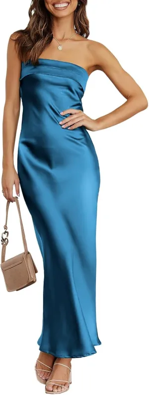 Caracilia Women's Summer Strapless Satin Tube Bodycon Backless Wedding Guest Maxi Dress 2025 Spring Formal Long Dresses