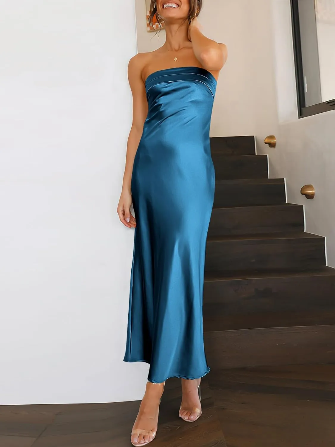 Caracilia Women's Summer Strapless Satin Tube Bodycon Backless Wedding Guest Maxi Dress 2025 Spring Formal Long Dresses