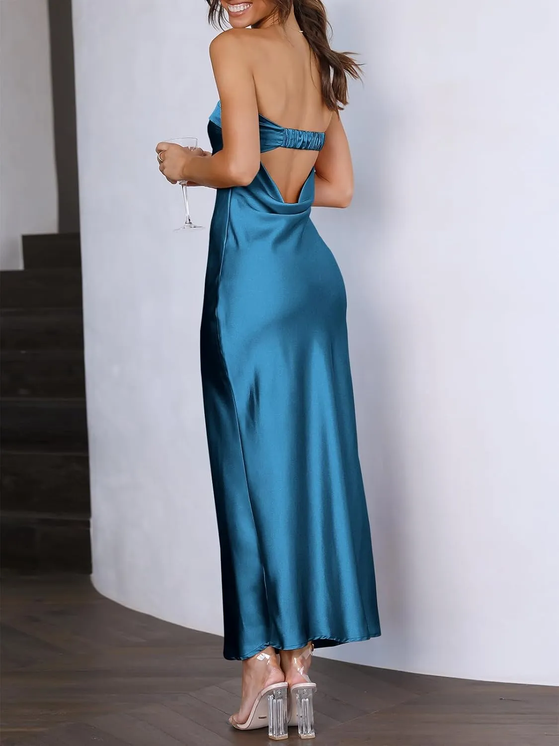Caracilia Women's Summer Strapless Satin Tube Bodycon Backless Wedding Guest Maxi Dress 2025 Spring Formal Long Dresses