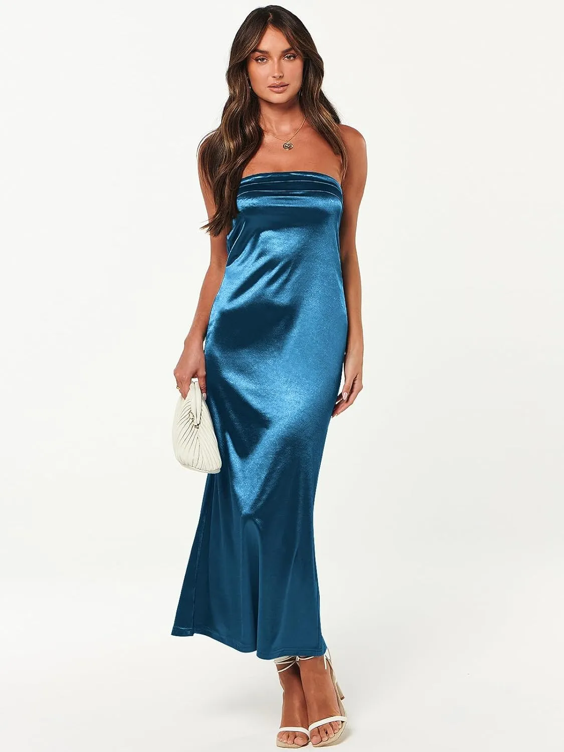 Caracilia Women's Summer Strapless Satin Tube Bodycon Backless Wedding Guest Maxi Dress 2025 Spring Formal Long Dresses