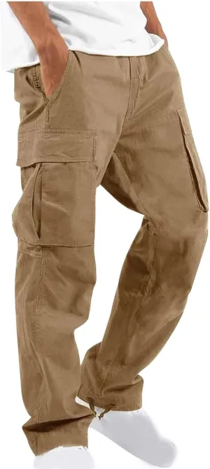 Cargo Pants for Men Elastic Waist Lightweight Outdoor Hiking Tactical Pant Casual Cotton Loose Straight Leg Pants