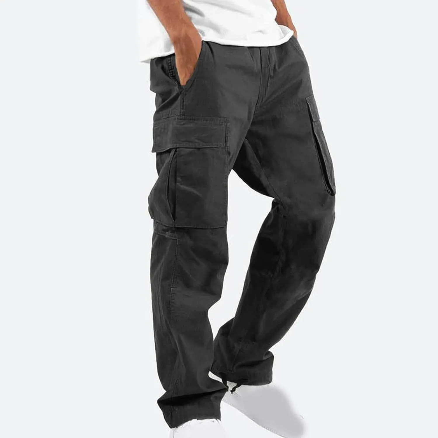 Cargo Pants for Men Elastic Waist Lightweight Outdoor Hiking Tactical Pant Casual Cotton Loose Straight Leg Pants