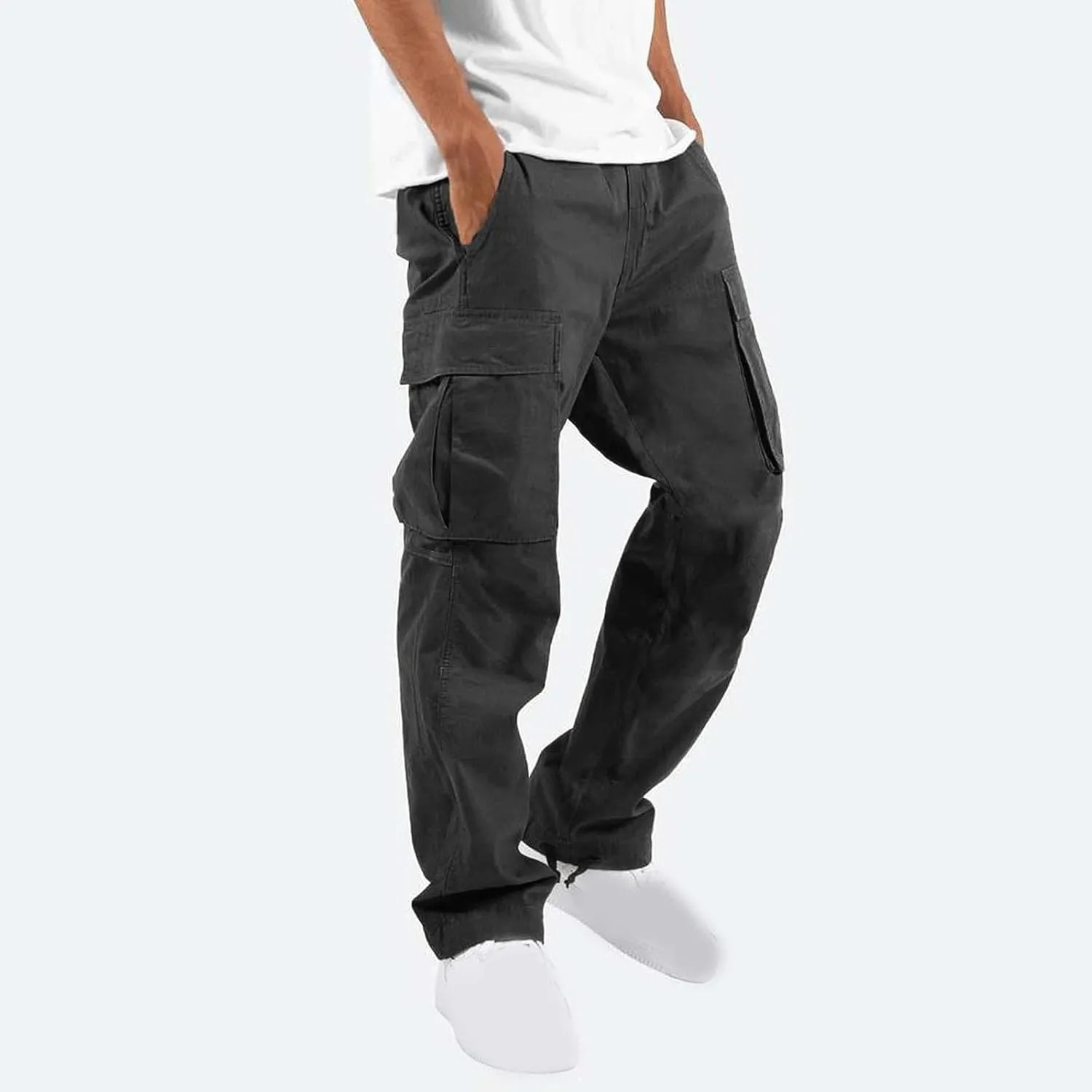 Cargo Pants for Men Elastic Waist Lightweight Outdoor Hiking Tactical Pant Casual Cotton Loose Straight Leg Pants