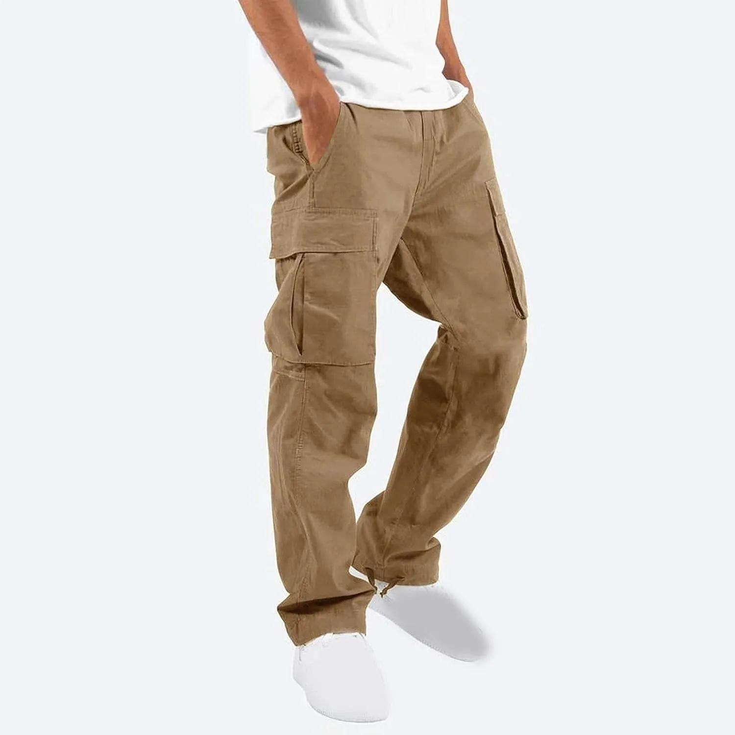 Cargo Pants for Men Elastic Waist Lightweight Outdoor Hiking Tactical Pant Casual Cotton Loose Straight Leg Pants