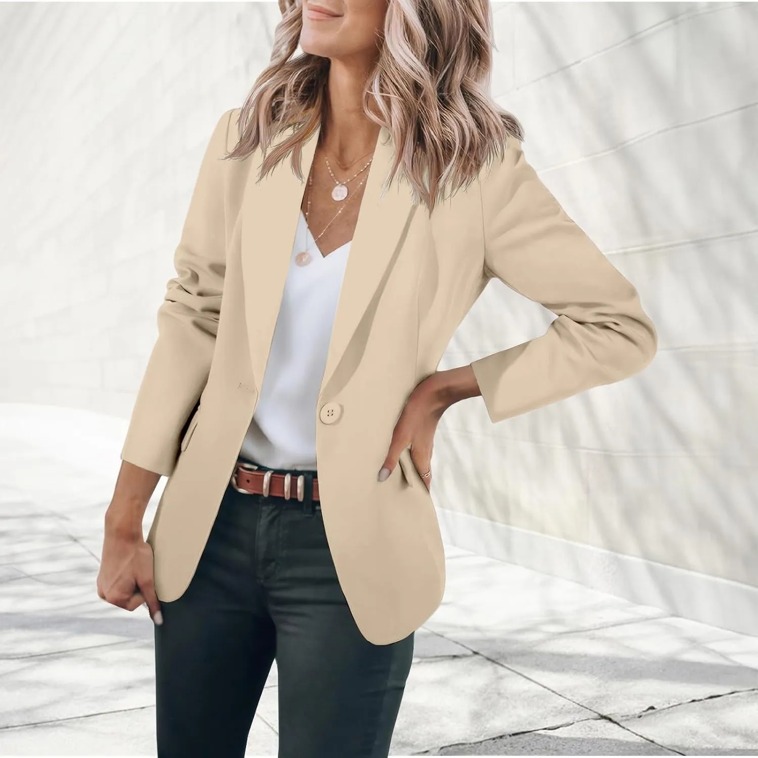 Casual Blazers for Women Trendy Lapel Open Front Long Sleeve Blazer Jackets Business One Button Plain Suit Jackets