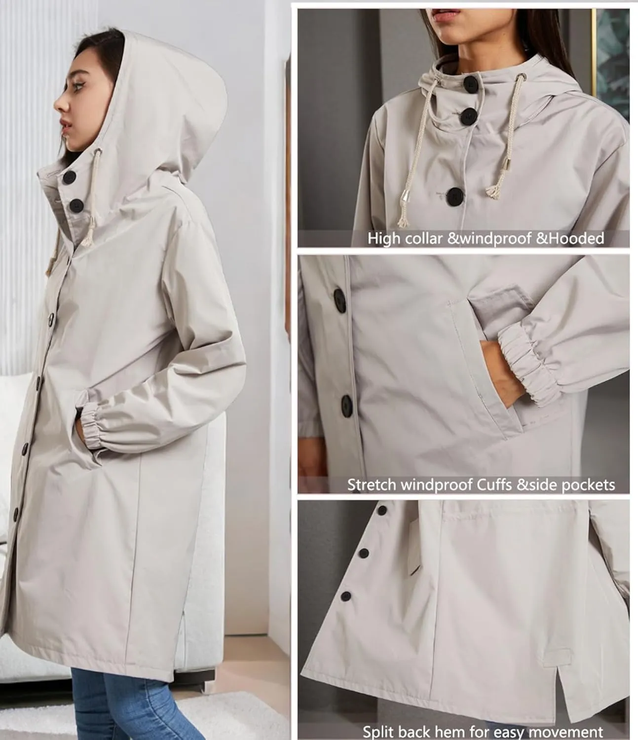 Ciguo Women's Long Raincoat Outdoor Lightweight Hooded Waterproof Jacket