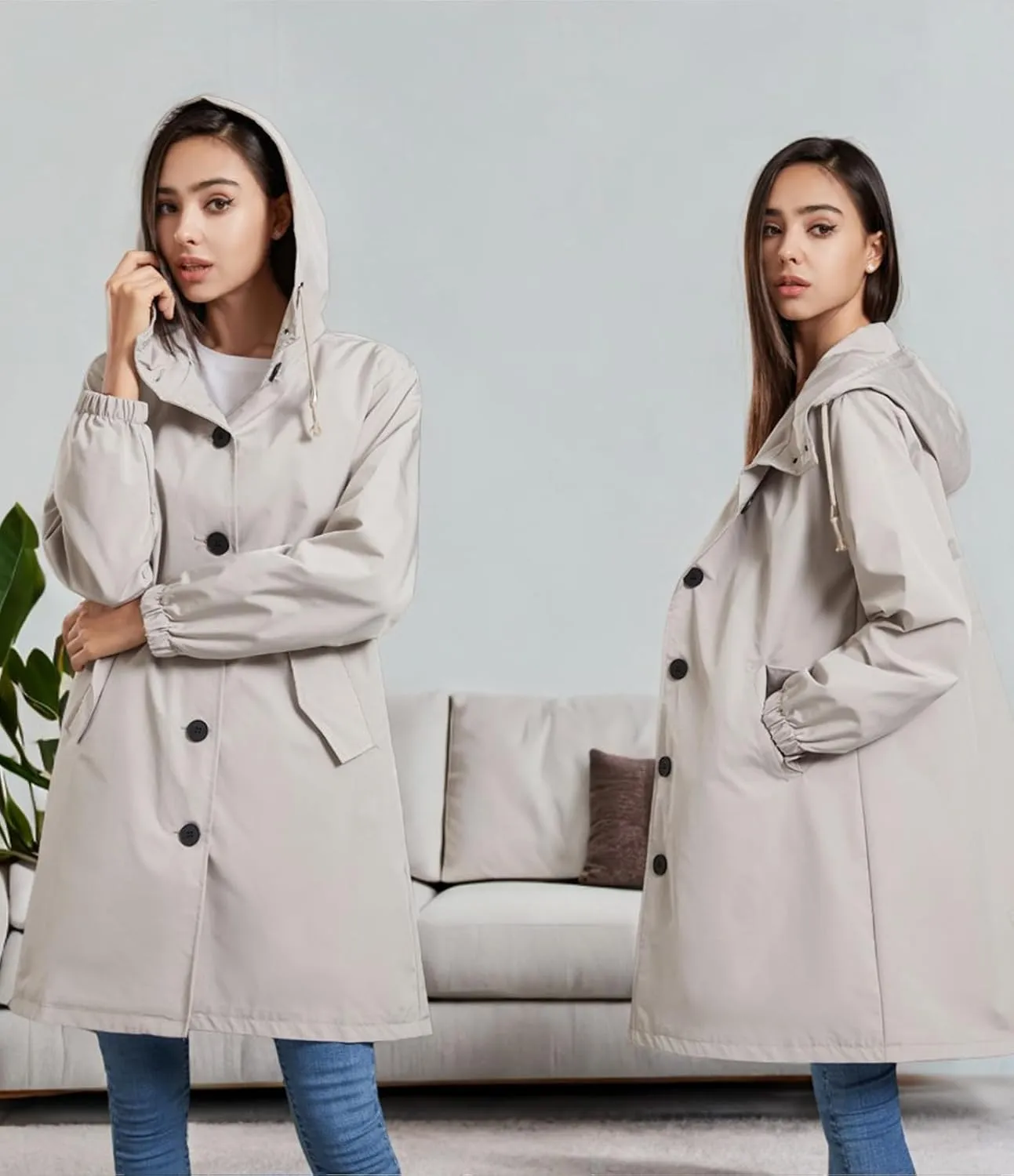 Ciguo Women's Long Raincoat Outdoor Lightweight Hooded Waterproof Jacket