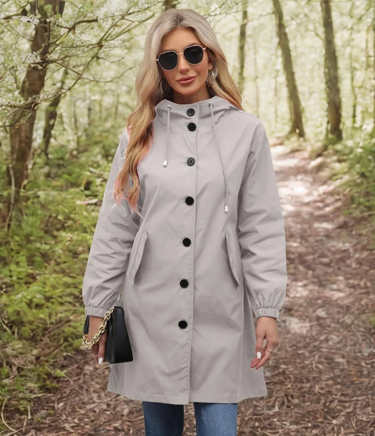 Ciguo Women's Long Raincoat Outdoor Lightweight Hooded Waterproof Jacket