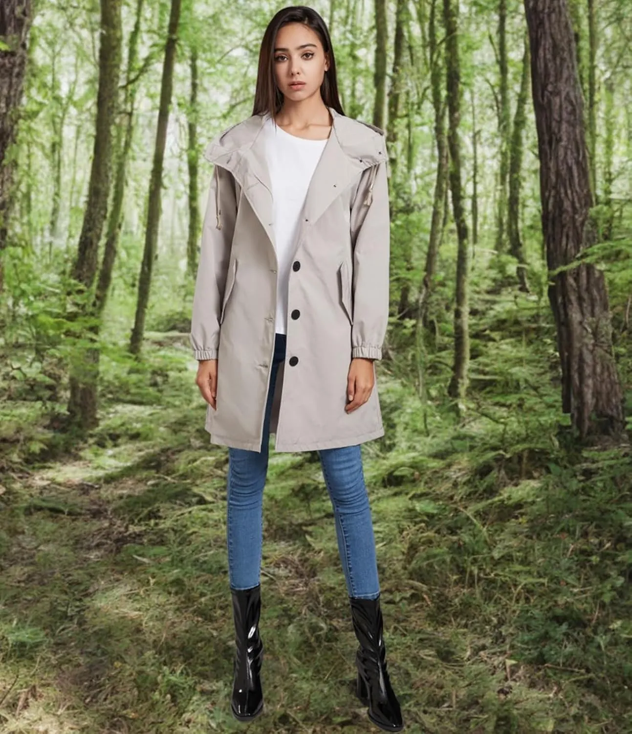 Ciguo Women's Long Raincoat Outdoor Lightweight Hooded Waterproof Jacket