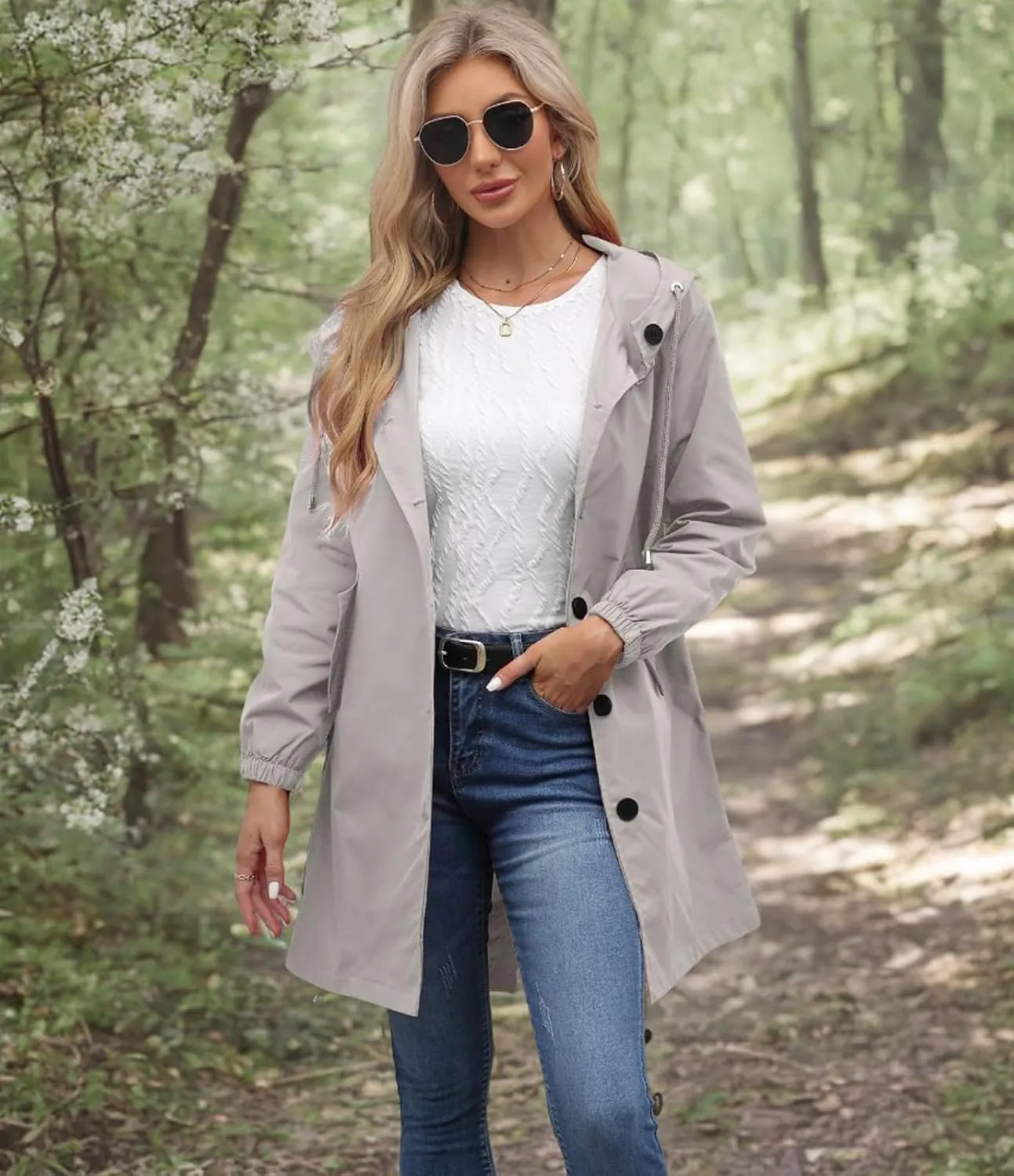 Ciguo Women's Long Raincoat Outdoor Lightweight Hooded Waterproof Jacket