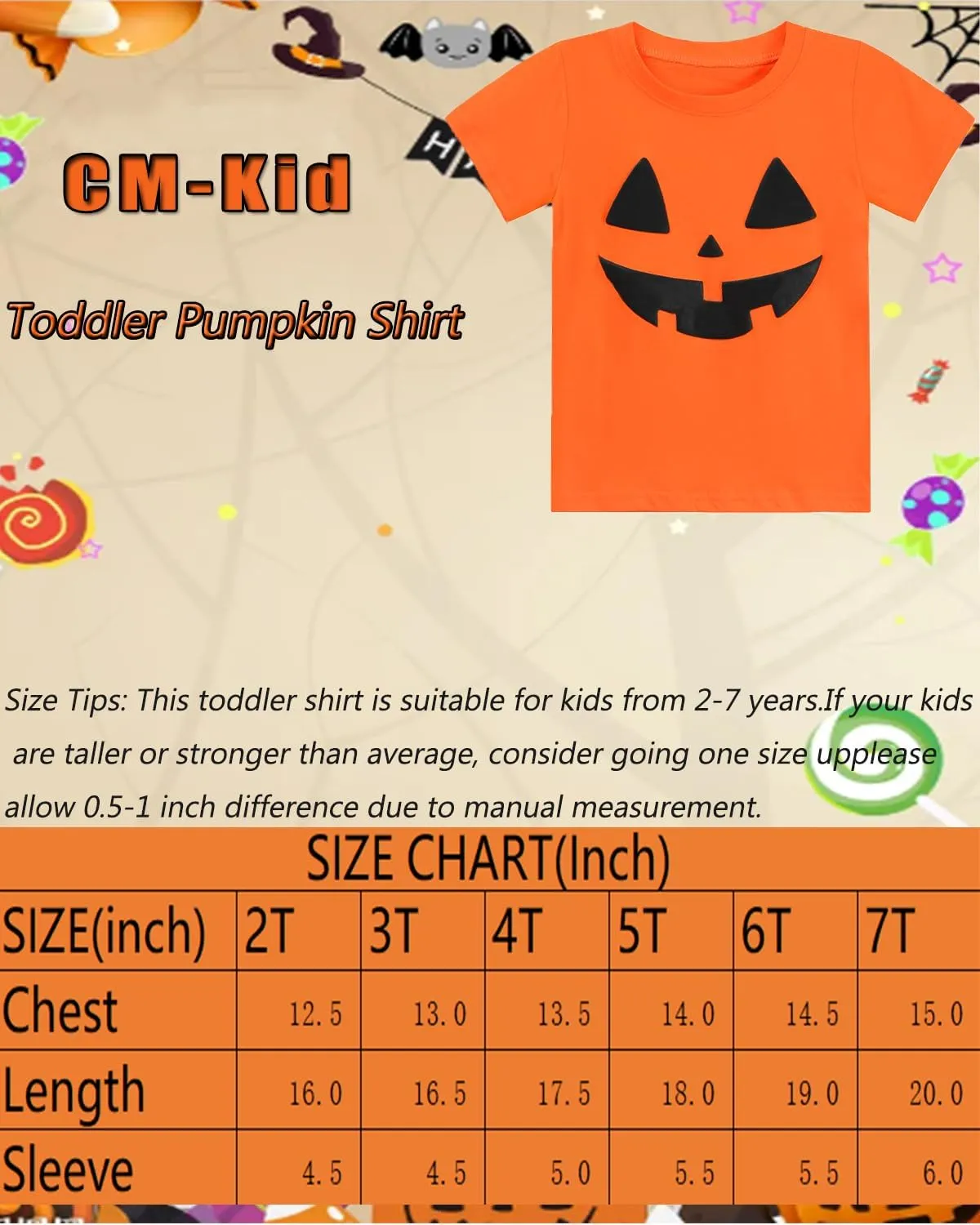 CM-Kid Halloween Shirt for Toddler Boy Girl Pumpkin Ghost Dino Short Sleeve Tshirt for Kids Cotton Tops 2-7 Years