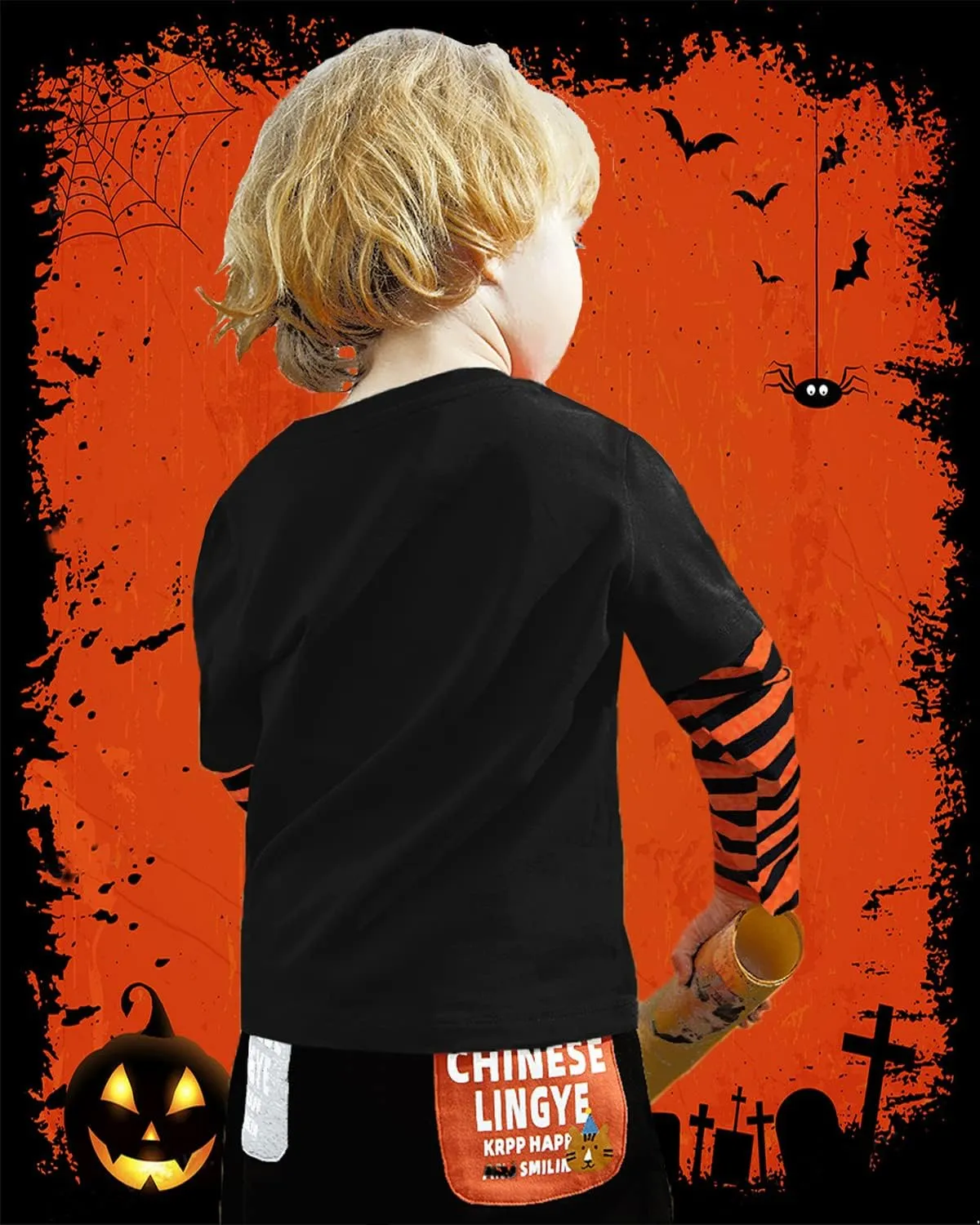 CM-Kid Halloween Shirt for Toddler Boy Girl Pumpkin Skeleton Ghost Dino Stripe Long Sleeve Tops for Kids 2-7 Years