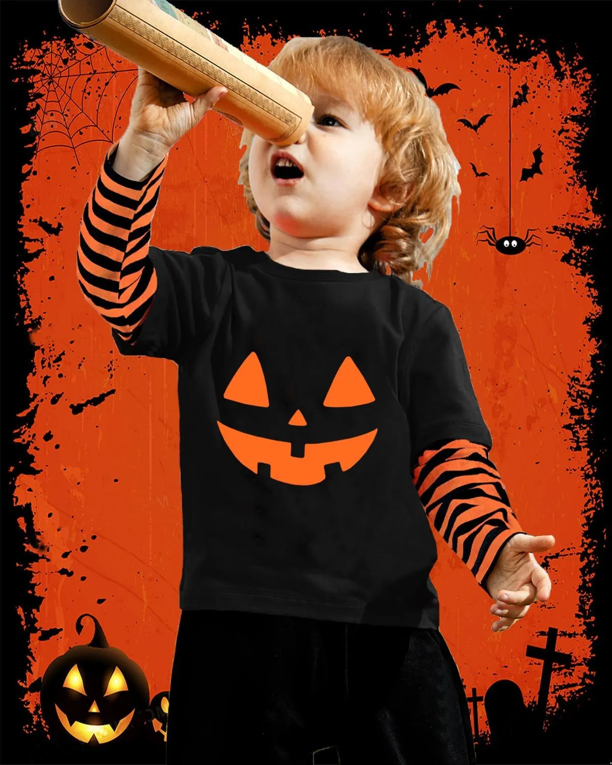 CM-Kid Halloween Shirt for Toddler Boy Girl Pumpkin Skeleton Ghost Dino Stripe Long Sleeve Tops for Kids 2-7 Years