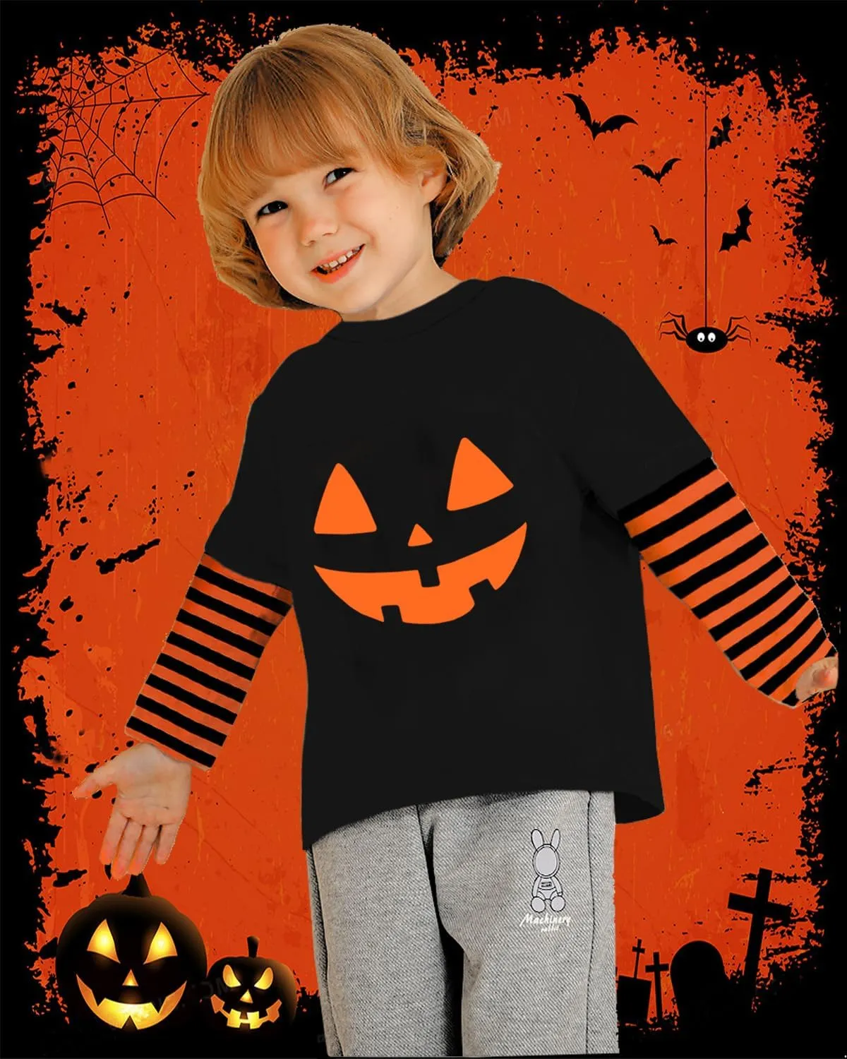 CM-Kid Halloween Shirt for Toddler Boy Girl Pumpkin Skeleton Ghost Dino Stripe Long Sleeve Tops for Kids 2-7 Years