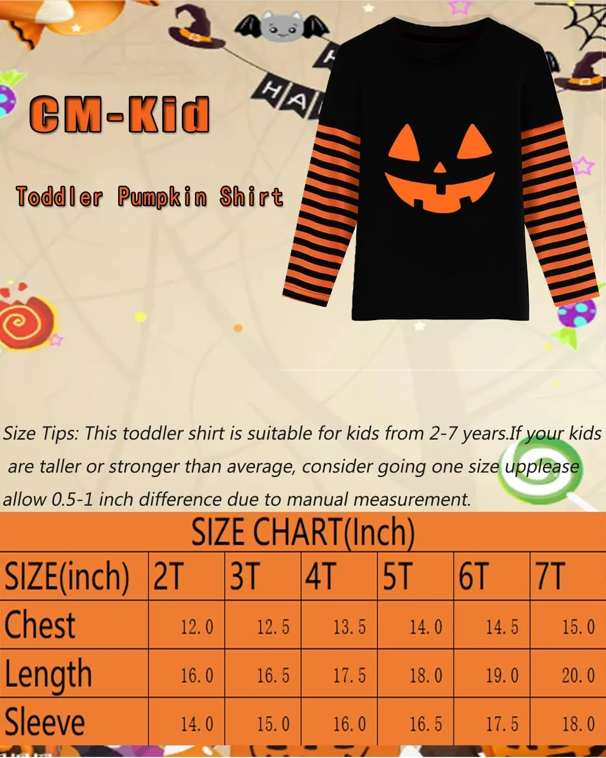 CM-Kid Halloween Shirt for Toddler Boy Girl Pumpkin Skeleton Ghost Dino Stripe Long Sleeve Tops for Kids 2-7 Years