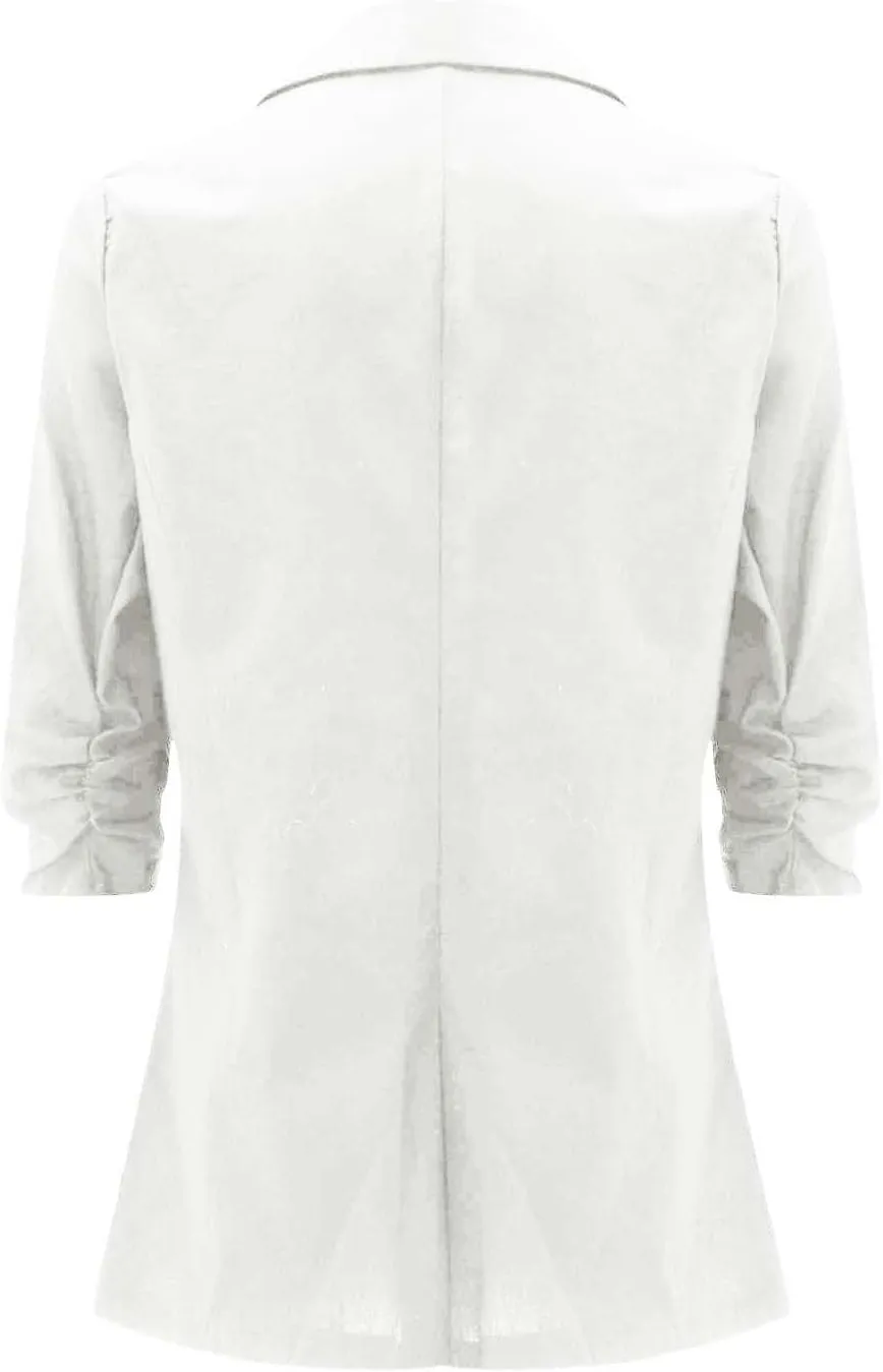 Cotton Linen Blazer Women 3/4 Stretchy Ruched Sleeve Fully Lined Boyfriend Lightweight Breathable Casual Work Jacket