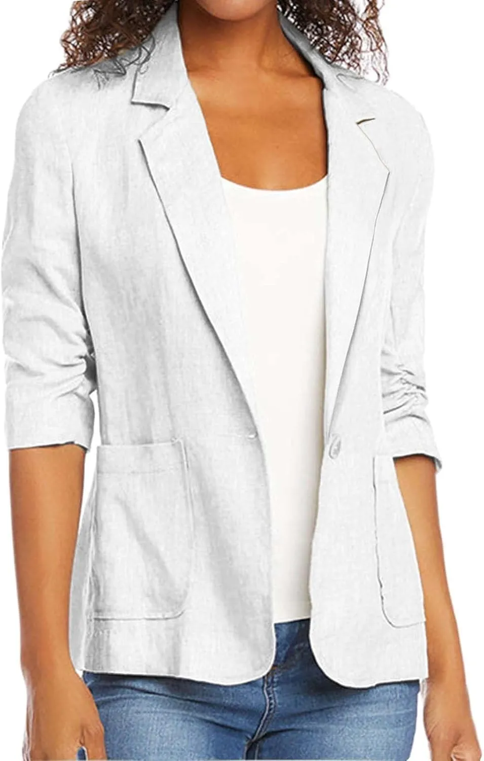 Cotton Linen Blazer Women 3/4 Stretchy Ruched Sleeve Fully Lined Boyfriend Lightweight Breathable Casual Work Jacket