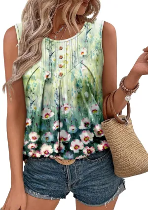 CRAZY GRID Women Summer Tank Tops Round Neck Sleeeveless Folded Front Tunic Casual Outfit 2025 Basic Loose Shirts
