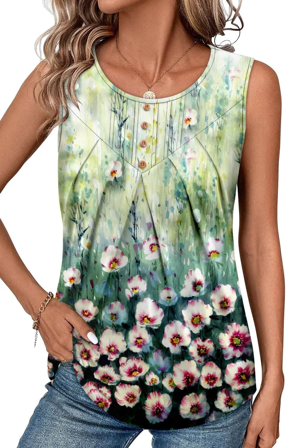 CRAZY GRID Women Summer Tank Tops Round Neck Sleeeveless Folded Front Tunic Casual Outfit 2025 Basic Loose Shirts