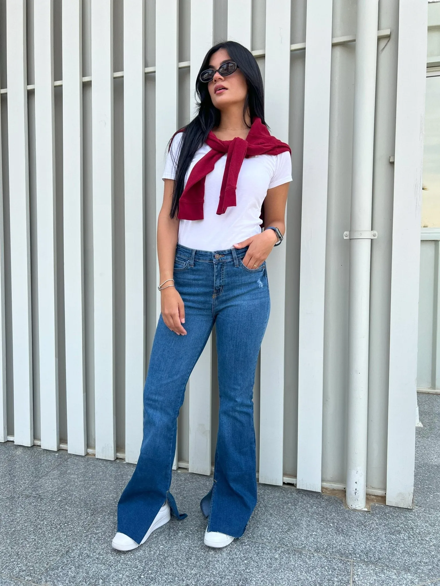 Dark Blue Split Hem Flared Jeans.