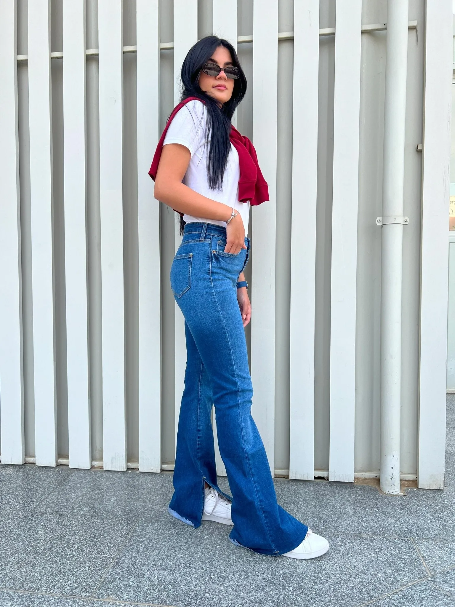 Dark Blue Split Hem Flared Jeans.