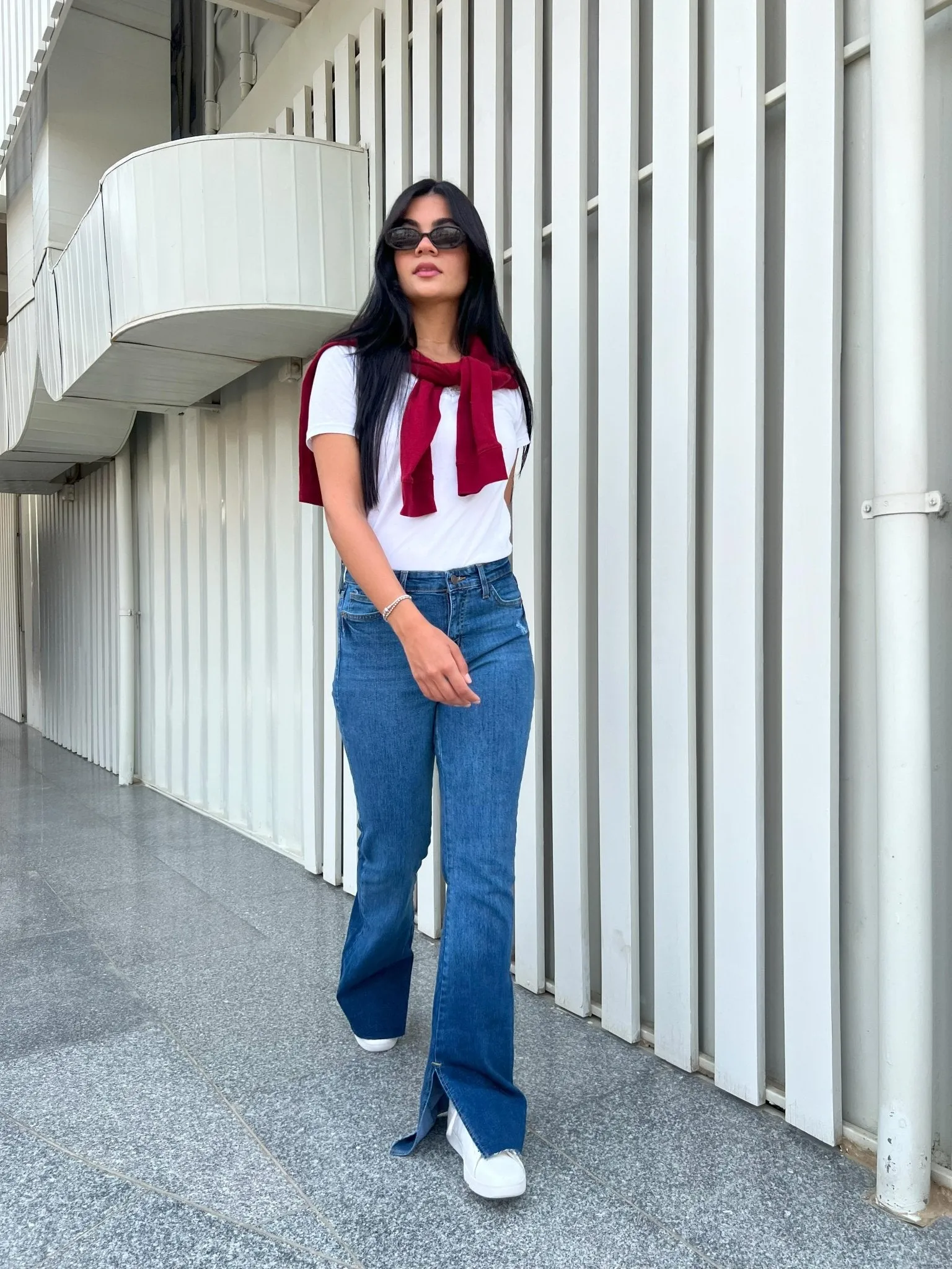 Dark Blue Split Hem Flared Jeans.