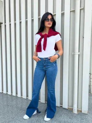 Dark Blue Split Hem Flared Jeans.