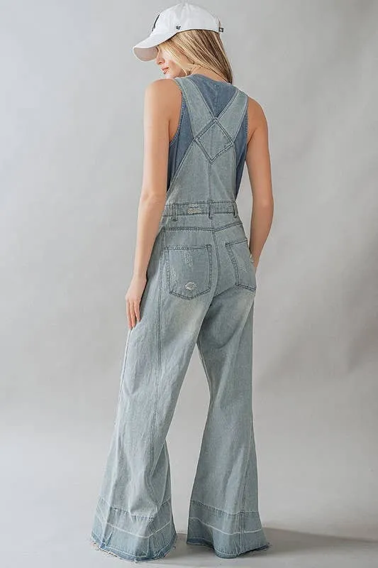 Distressed Wide Leg Flare Denim Overalls