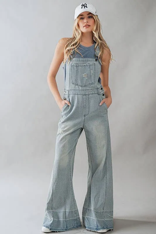 Distressed Wide Leg Flare Denim Overalls