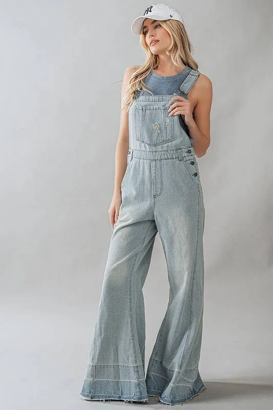 Distressed Wide Leg Flare Denim Overalls